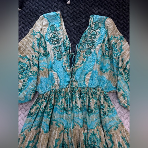Antica Sartoria Boho Dress Aqua Green OS Bell Sleeve Beach Resort Travel - Picture 5 of 14